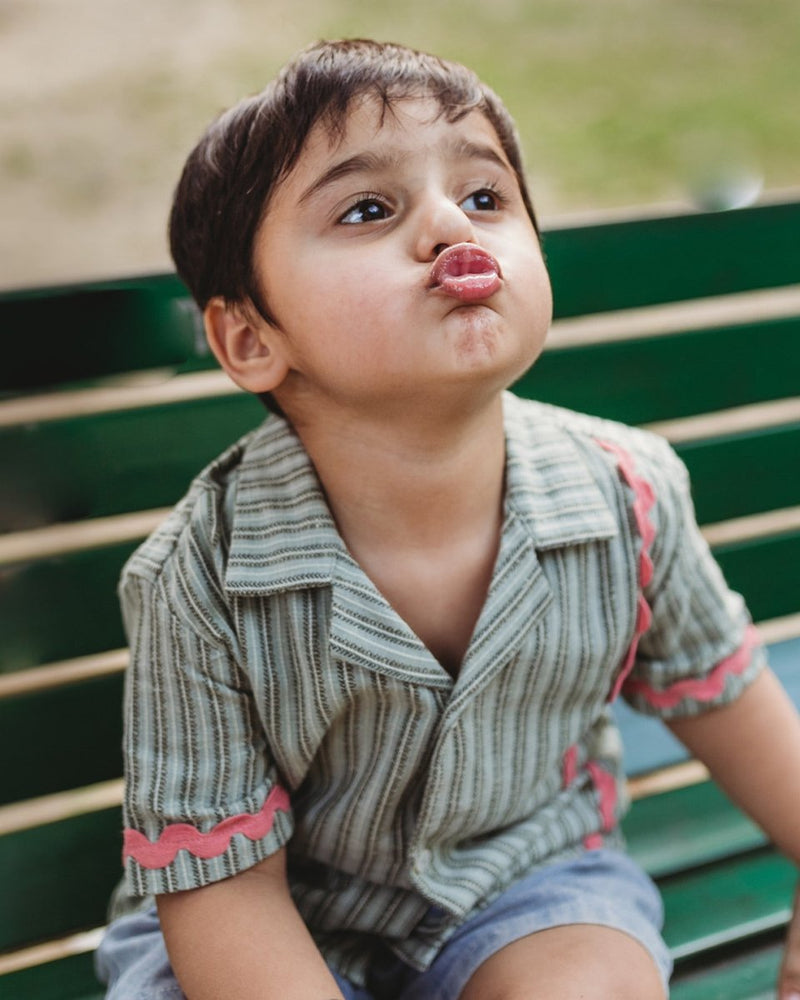 Alouette Jacquard Striped Cotton Shirt with Cuban Collar | Verified Sustainable Kids Shirts on Brown Living™