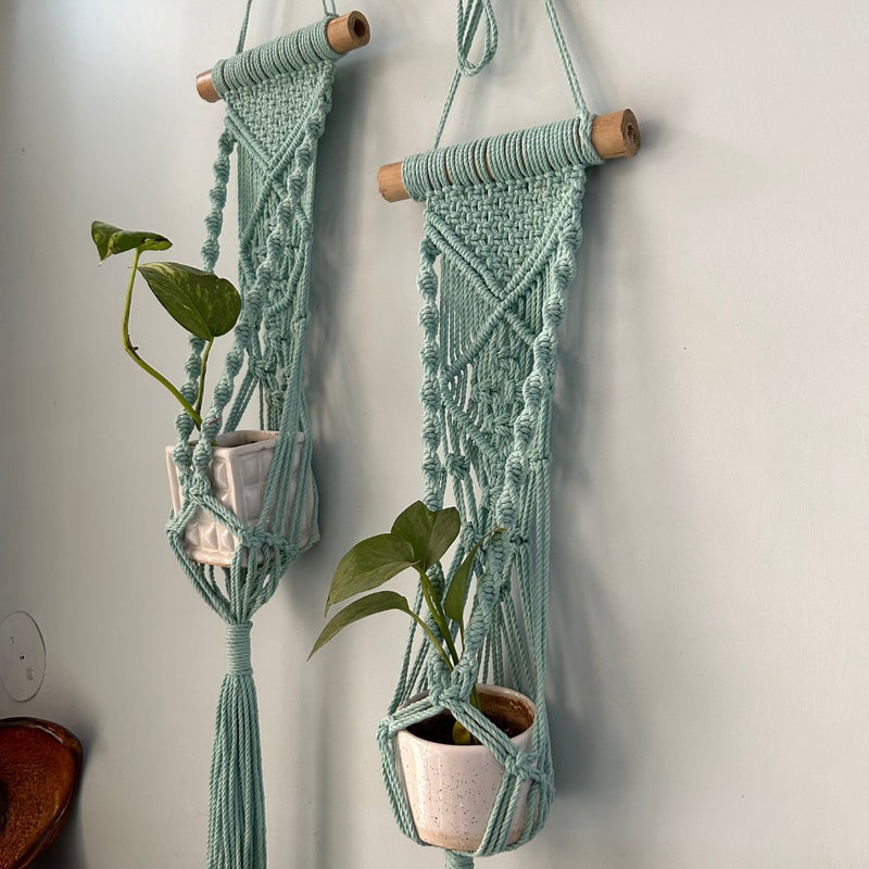 Aqua Blue Macrame Plant Holder - Set of 2 | Verified Sustainable Pots & Planters on Brown Living™