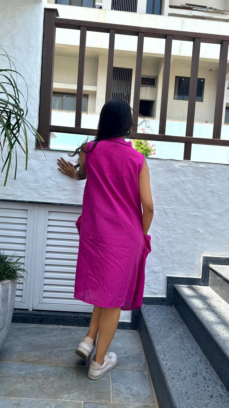 Avni Solid Pocket Handloom Cotton Dress Hot Pink | Verified Sustainable Womens Dress on Brown Living™