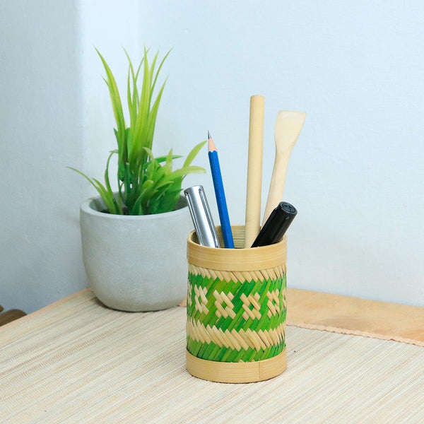 Bamboo Weave Pen Stand - Green | Verified Sustainable Desk Accessories on Brown Living™