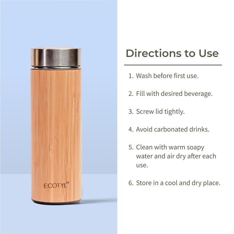 Bamboo Stainless Steel Insulated Flask With Strainer - 450 ml