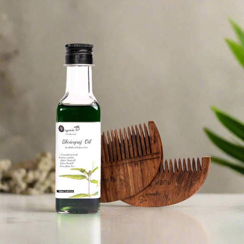 Bhringraj Oil & Wooden Applicator Combo | Verified Sustainable Hair Comb on Brown Living™