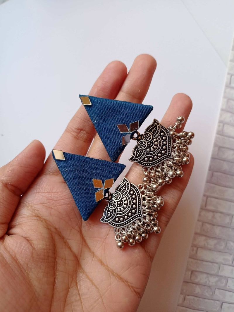 Blue Triangular Jhumka Earrings with Silver Charm | Verified Sustainable Womens earrings on Brown Living™