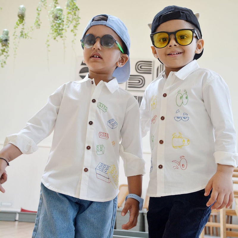 Building Blocks Embroidered Unisex Organic Cotton Shirt- White | Verified Sustainable Kids Shirts on Brown Living™