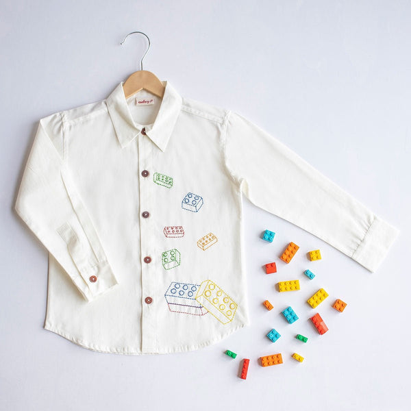 Building Blocks Embroidered Unisex Organic Cotton Shirt- White | Verified Sustainable Kids Shirts on Brown Living™