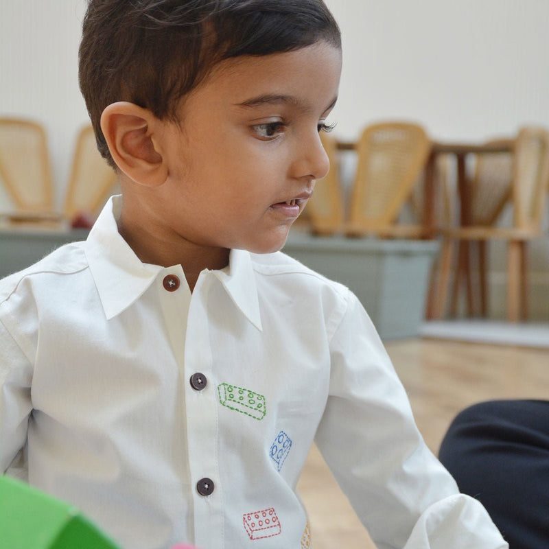 Building Blocks Embroidered Unisex Organic Cotton Shirt- White | Verified Sustainable Kids Shirts on Brown Living™