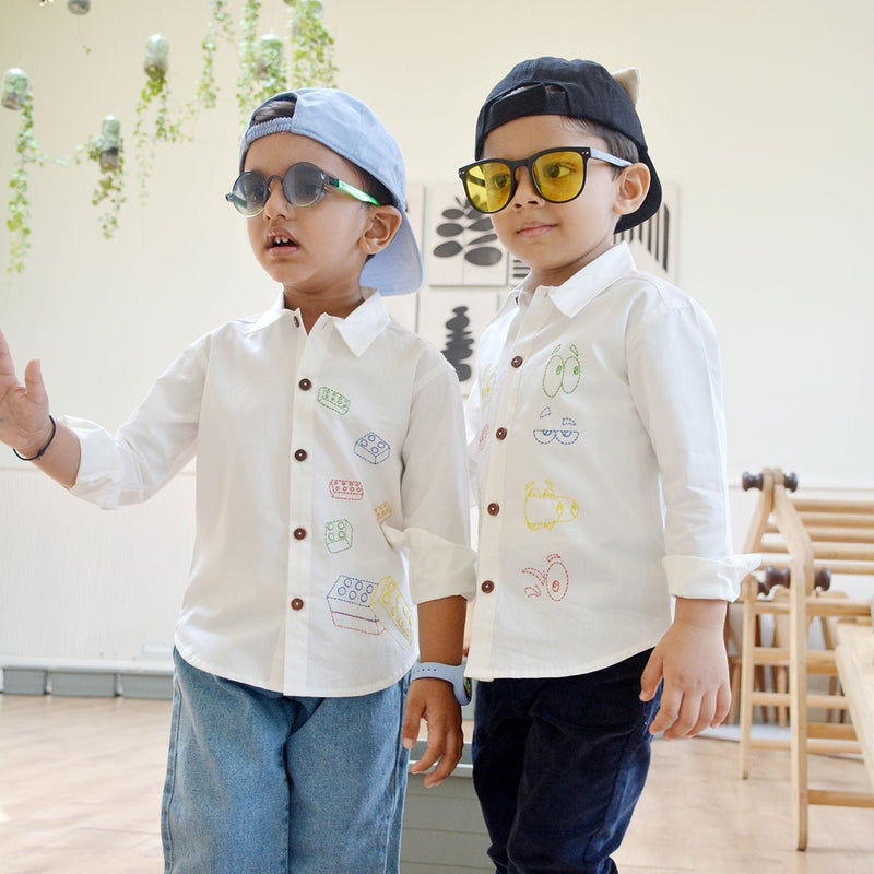 Building Blocks Embroidered Unisex Organic Cotton Shirt- White | Verified Sustainable Kids Shirts on Brown Living™