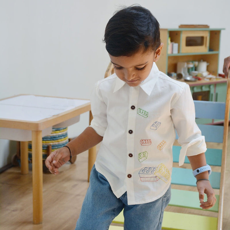 Building Blocks Embroidered Unisex Organic Cotton Shirt- White | Verified Sustainable Kids Shirts on Brown Living™