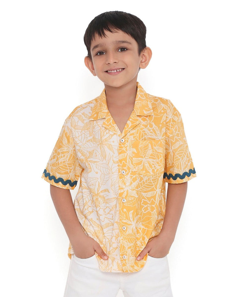 Buttercup Floral Printed Cotton Shirt with Cuban Collar | Verified Sustainable Kids Shirts on Brown Living™