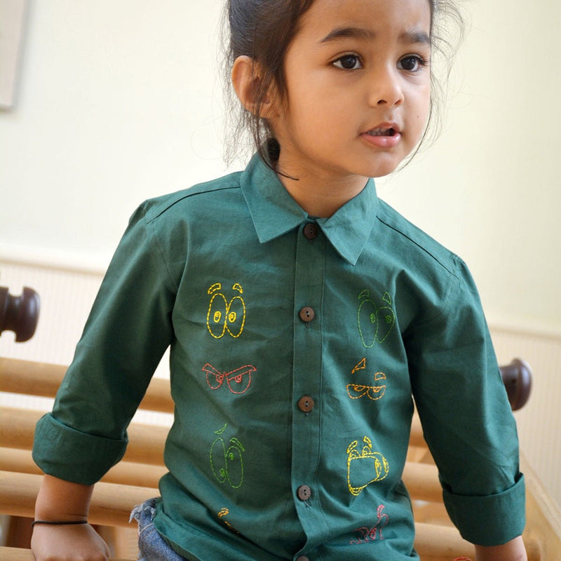 Colourful Emoji Eyes Embroidered Cotton Unisex Shirt- Bottle Green | Verified Sustainable Kids Shirts on Brown Living™