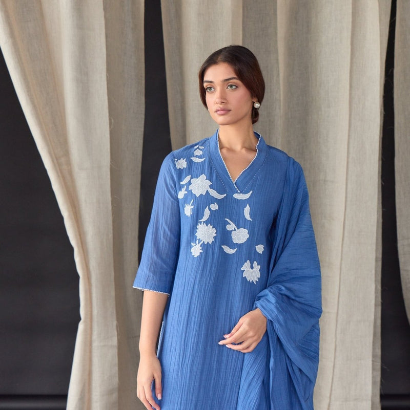 Crinkle Applique Tencel Kurta (Set of 2) - Cobalt Blue | Verified Sustainable Womens Kurta on Brown Living™