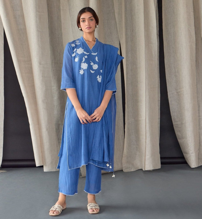 Crinkle Applique Tencel Kurta (Set of 3) - Cobalt Blue | Verified Sustainable Womens Kurta on Brown Living™