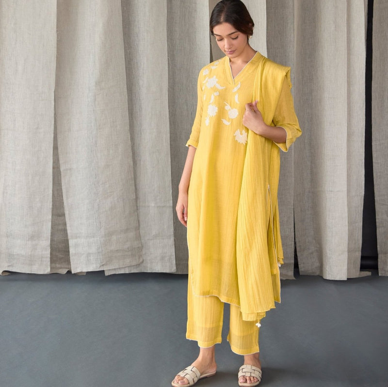 Crinkle Applique Tencel Kurta (Set of 3) - Yellow | Verified Sustainable Womens Kurta on Brown Living™