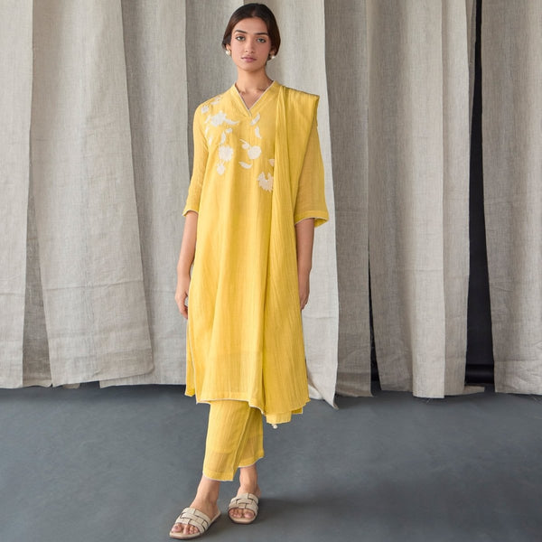 Crinkle Applique Tencel Kurta (Set of 3) - Yellow | Verified Sustainable Womens Kurta on Brown Living™