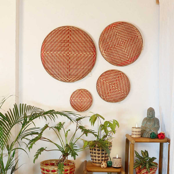 Decorative Bamboo Wall Decor Chalni - Red - Set of 4 | Verified Sustainable Wall Decor on Brown Living™