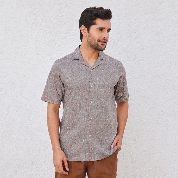 Doran - Brown Printed Cuban Collar Half Sleeves Shirt | Verified Sustainable Mens Shirt on Brown Living™