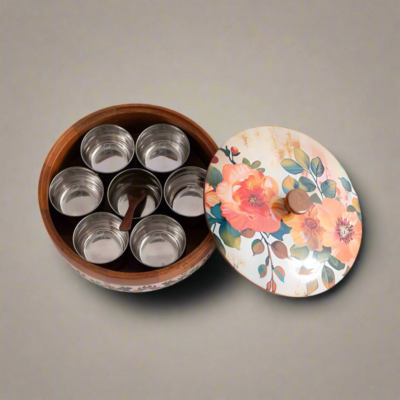 Durable Pastel Flora Wooden Spice Box with Wooden Spoon | Verified Sustainable Kitchen Organizers on Brown Living™