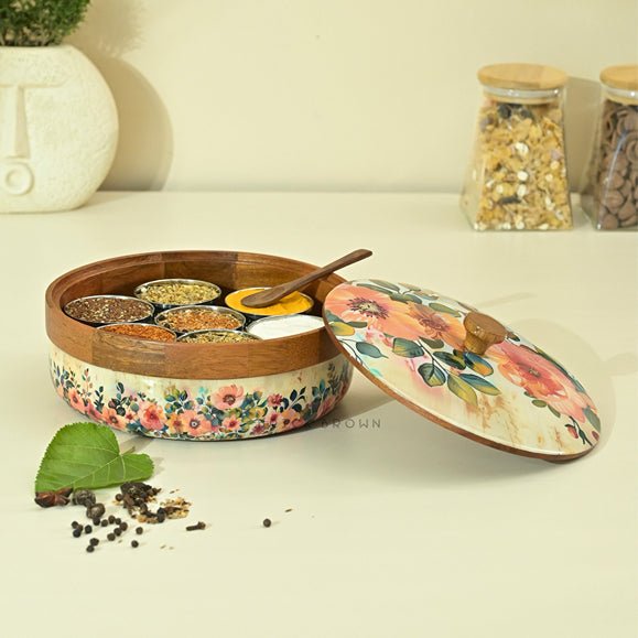 Durable Pastel Flora Wooden Spice Box with Wooden Spoon | Verified Sustainable Kitchen Organizers on Brown Living™