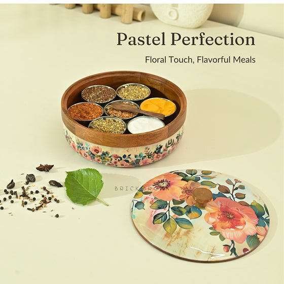 Durable Pastel Flora Wooden Spice Box with Wooden Spoon | Verified Sustainable Kitchen Organizers on Brown Living™