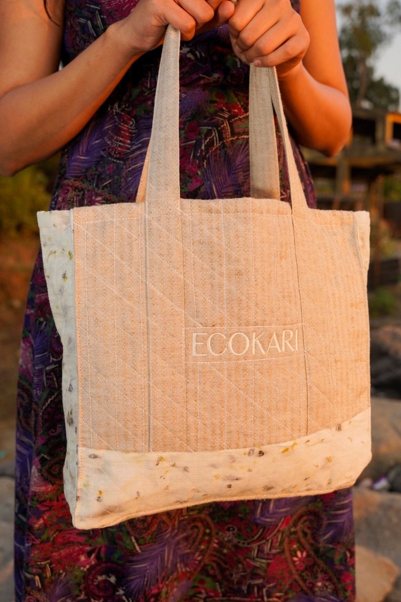 Eco - Tote Printed Bag | Beige & White | Verified Sustainable Tote Bag on Brown Living™