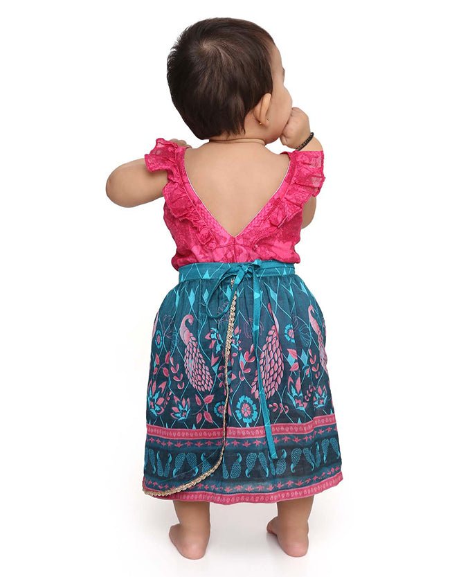 Firoza - Chanderi Peacock Printed Infant Onesie with Detachable Lehenga Skirt and Matching Clips | Verified Sustainable Kids Ethnic Sets on Brown Living™