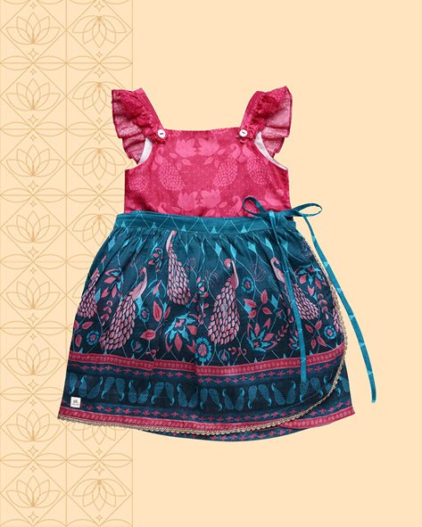 Firoza - Chanderi Peacock Printed Infant Onesie with Detachable Lehenga Skirt and Matching Clips | Verified Sustainable Kids Ethnic Sets on Brown Living™