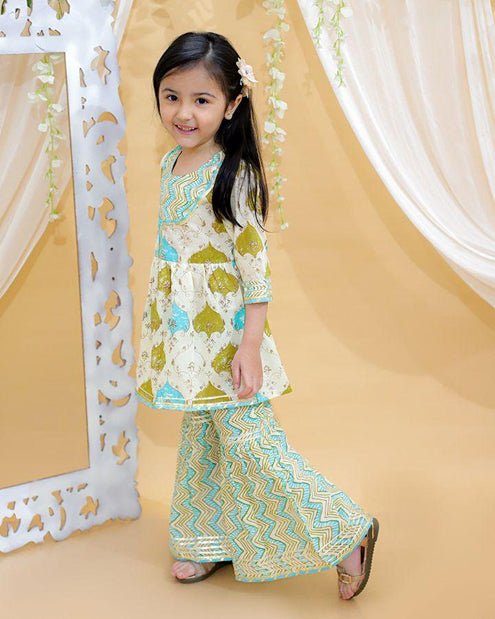 Girls Pure Cotton Jaipur Block Printed Festive Suit Sets - Green | Verified Sustainable Kids Ethnic Sets on Brown Living™