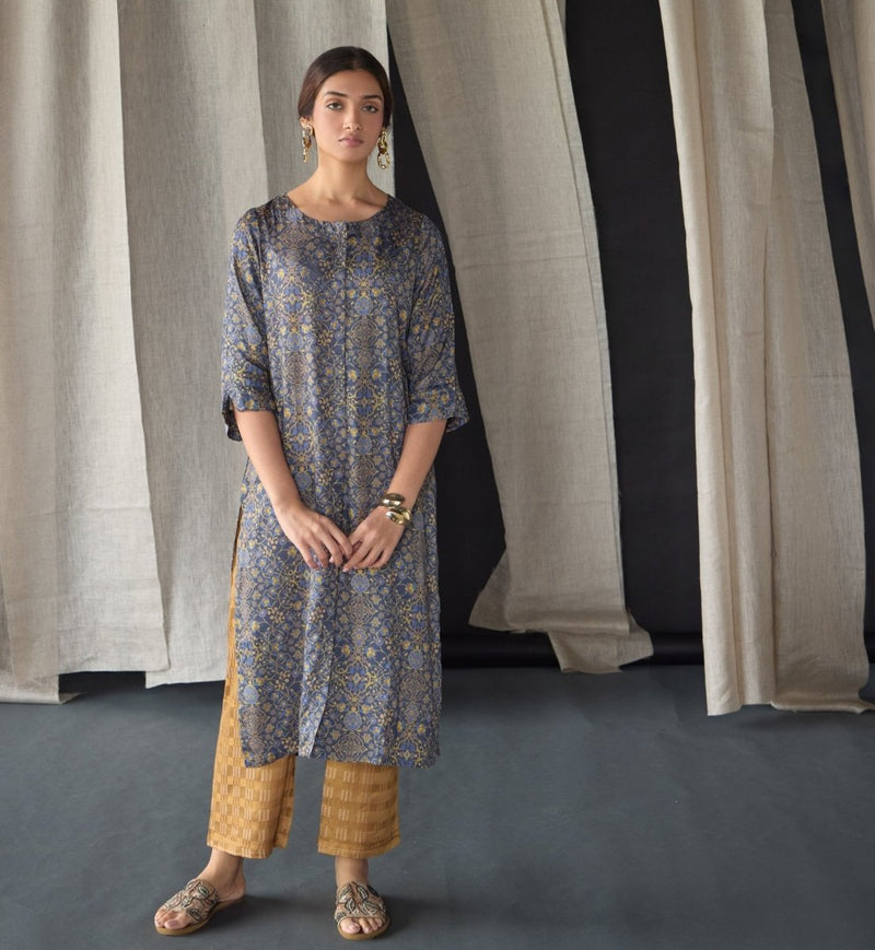 Grey Ajrakh Tencel Kurta | Verified Sustainable Womens Kurta on Brown Living™