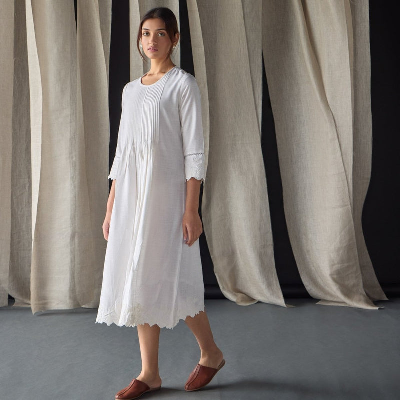 Hand Scalloped & Tonal Embroidered Dress - White | Verified Sustainable Womens Dress on Brown Living™