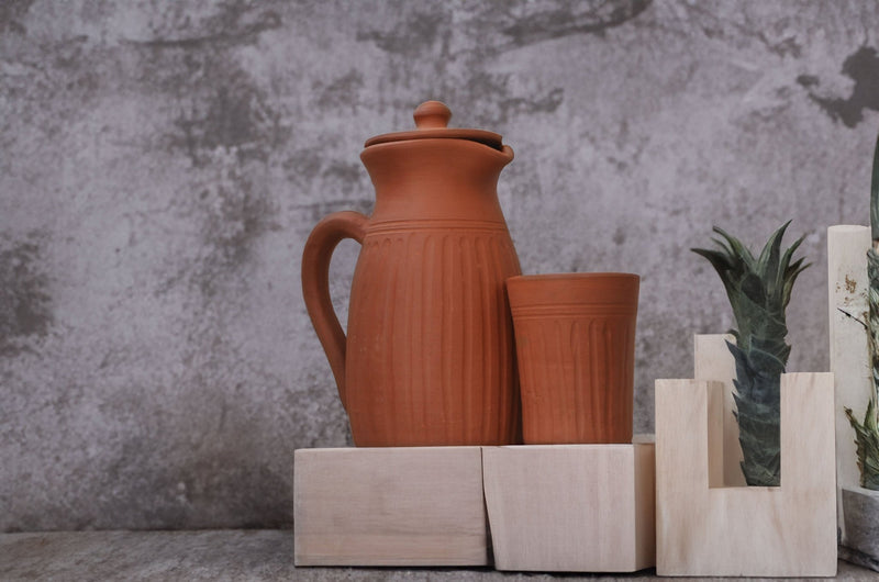 Handamde Terracotta Jug with Carving On All Sides | Verified Sustainable Glasses & Tumblers on Brown Living™