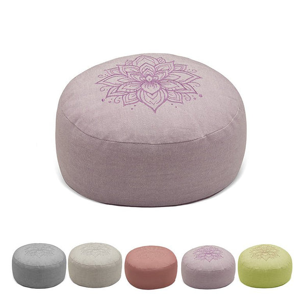 Hi - Zafu Meditation Cushion with Lotus Embroidery filled with Buckwheat Hulls - Lavender | Verified Sustainable Yoga Pillow on Brown Living™