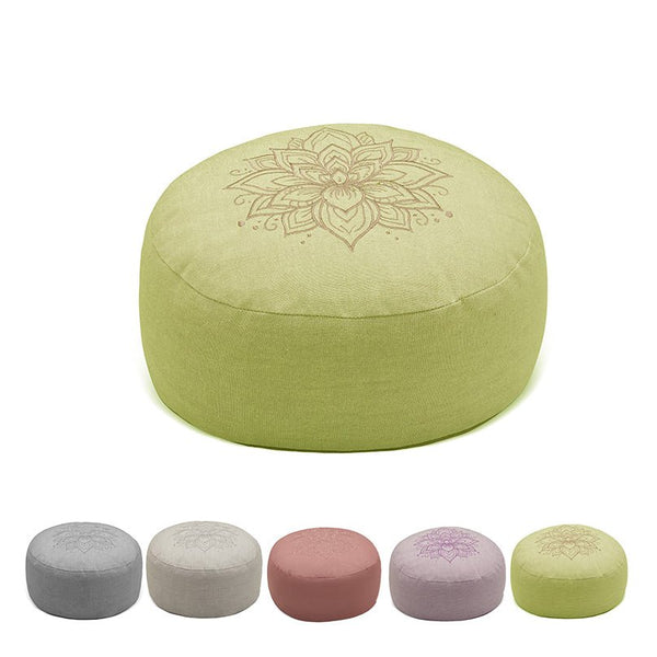 Hi - Zafu Meditation Cushion with Lotus Embroidery filled with Buckwheat Hulls - Sage | Verified Sustainable Yoga Pillow on Brown Living™