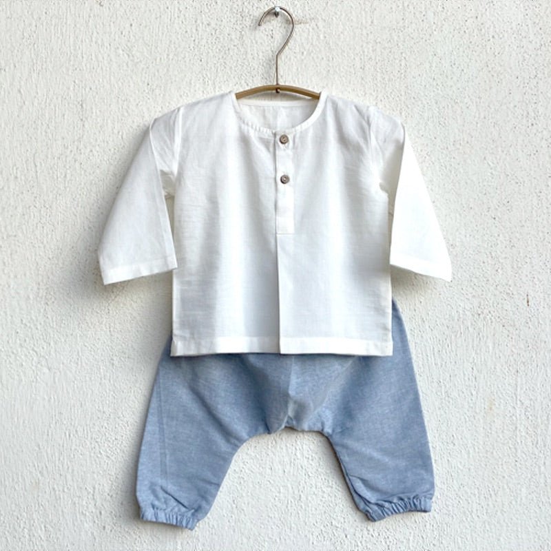 Kids Unisex Organic Cotton Essential White Kurta and Blue Chambray Pants | Verified Sustainable Kids Daywear Sets on Brown Living™