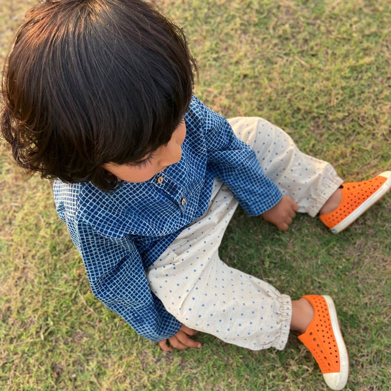 Kids Unisex Organic Cotton Indigo Check Kurta and Indigo Raidana Pants | Verified Sustainable Kids Daywear Sets on Brown Living™