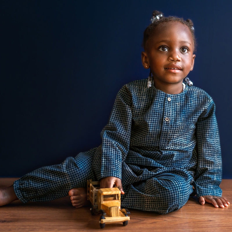 Kids Unisex Organic Cotton Indigo Check Kurta and Matching Pants | Verified Sustainable Kids Daywear Sets on Brown Living™