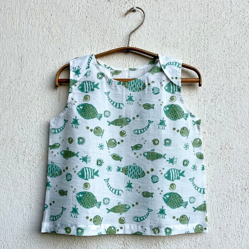 Kids Unisex Organic Cotton Koi Mint Jhabla with Mint Pants | Verified Sustainable Kids Daywear Sets on Brown Living™