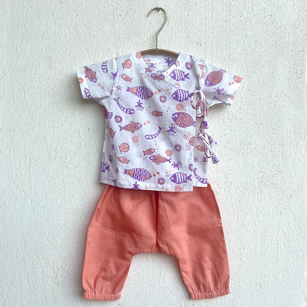 Kids Unisex Organic Cotton Koi Peach Print Angrakha Top and Pants | Verified Sustainable Kids Daywear Sets on Brown Living™