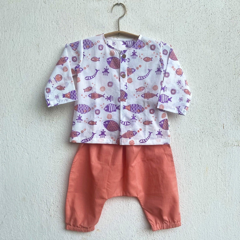 Kids Unisex Organic Cotton Koi Peach Print Kurta and Pants | Verified Sustainable Kids Daywear Sets on Brown Living™