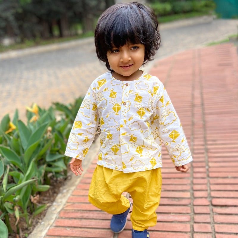 Kids Unisex Organic Cotton Patang Kurta with Yellow Pants | Verified Sustainable Kids Daywear Sets on Brown Living™