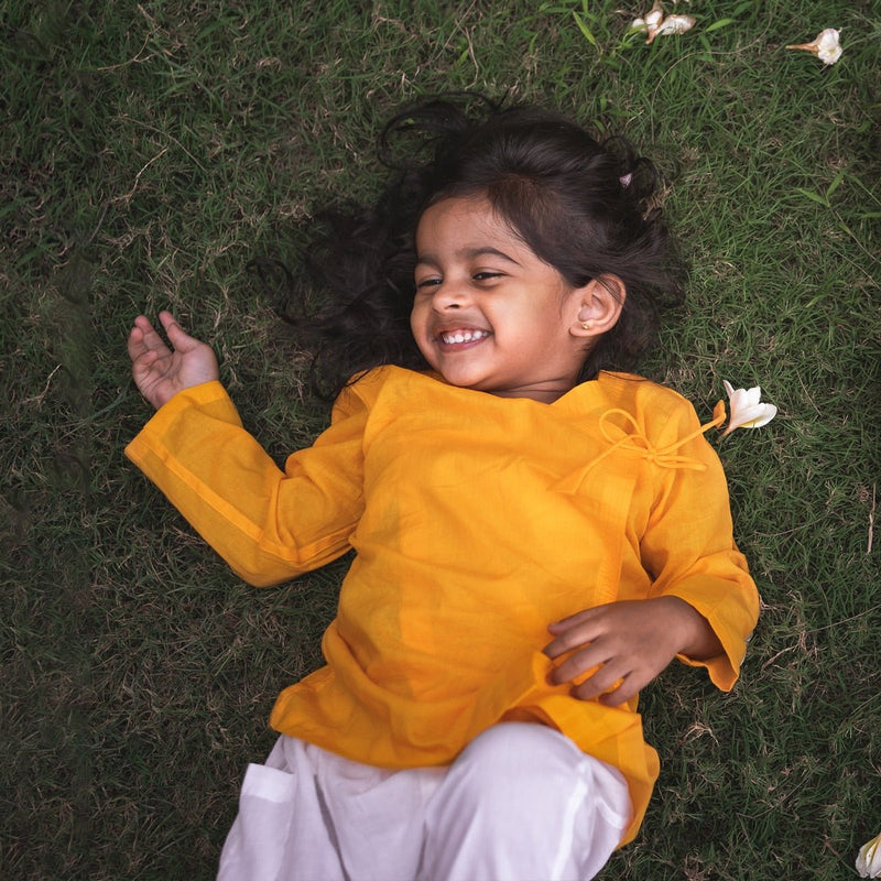 Kids Unisex Organic Cotton Yellow Angrakha and White Pants | Verified Sustainable Kids Daywear Sets on Brown Living™