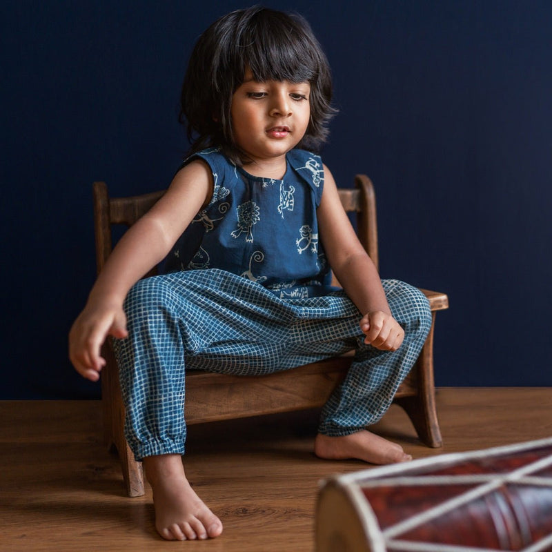 Kids Unisex Organic Cotton Zoo Jhabla with Indigo Check Pants | Verified Sustainable Kids Daywear Sets on Brown Living™