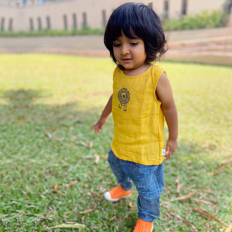 Kids Unisex Organic Cotton Zoo Yellow Jhabla with Indigo Pants | Verified Sustainable Kids Daywear Sets on Brown Living™