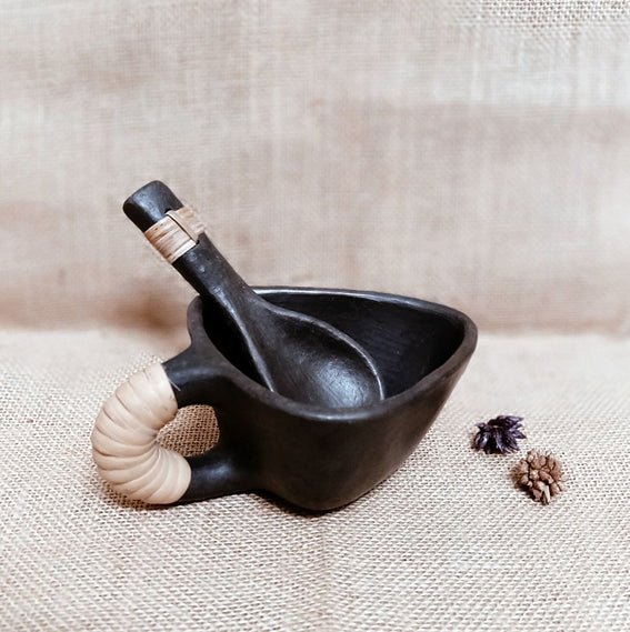 Longpi Black Pottery Soup Mug With Spoon | Verified Sustainable Dinner Set on Brown Living™