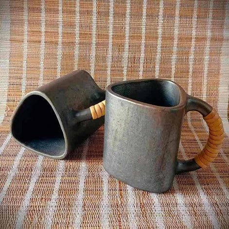 Longpi Black Pottery Trikon Coffee Mugs - Set of 2 (Large) | Verified Sustainable Mugs on Brown Living™