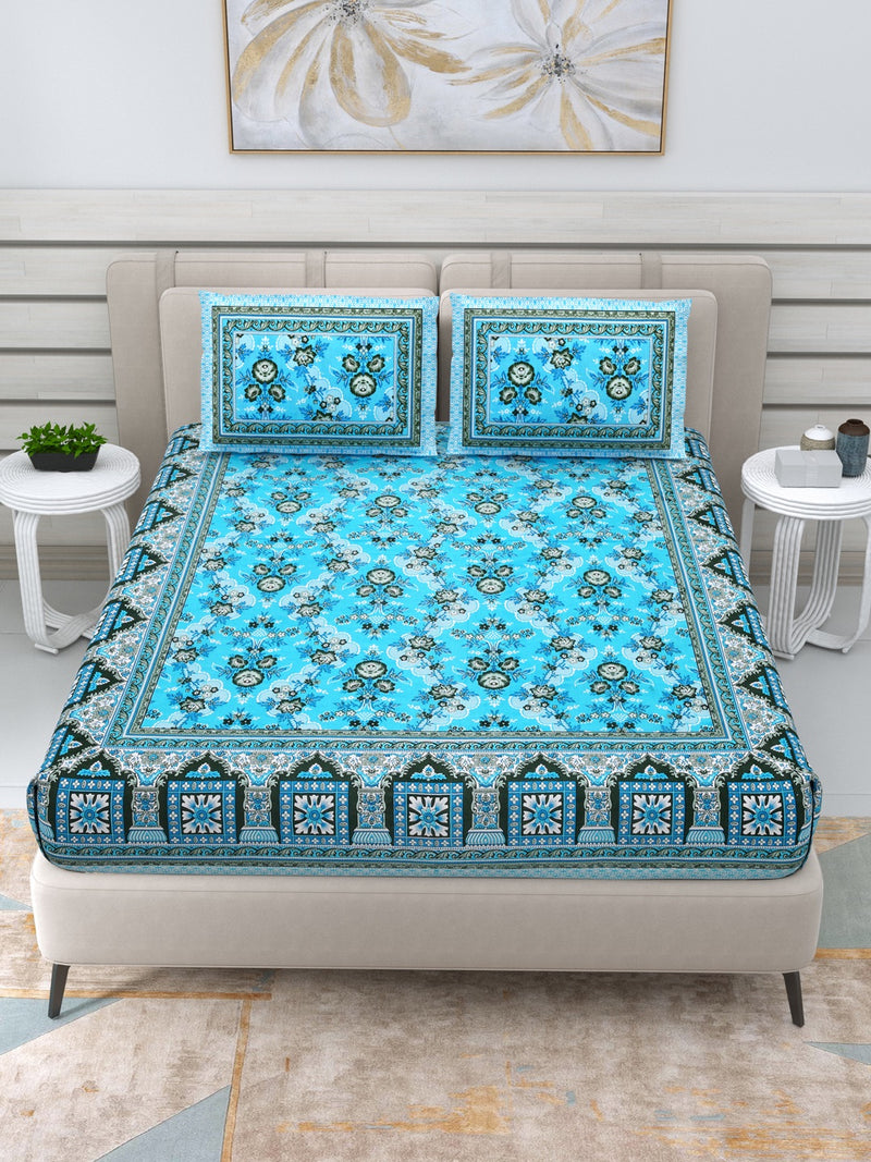 Jaipuri Hand Printed Queen Size Cotton Bedding Set- Blue