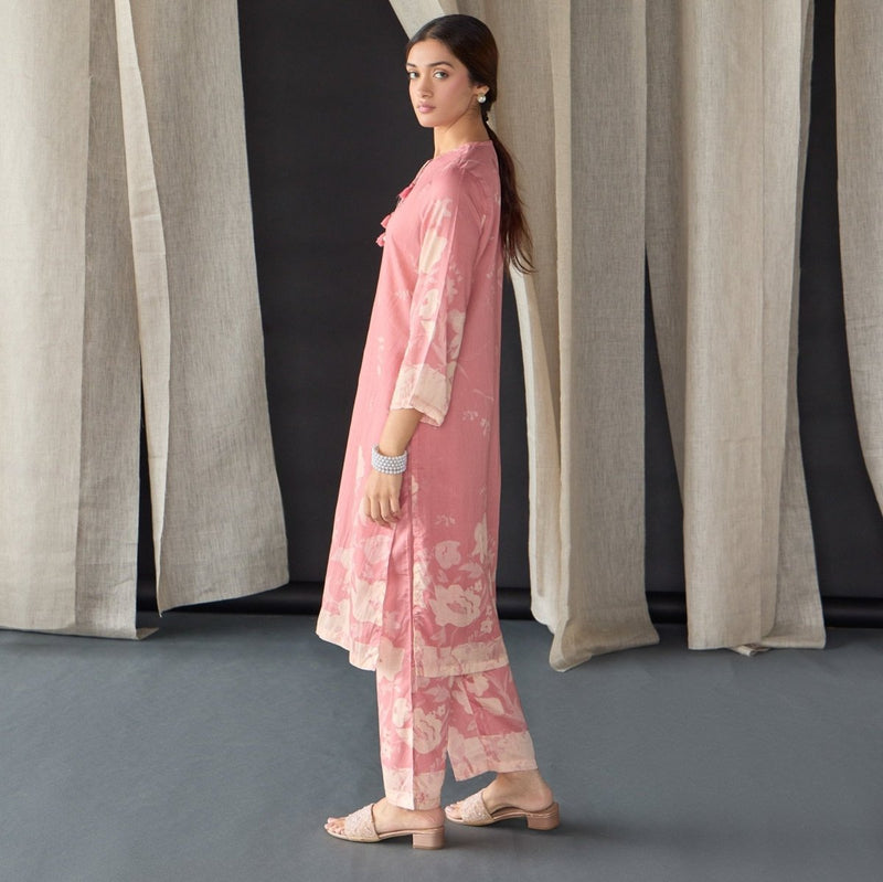 Pink Floral Tencel Kurta (Set of 2) | Verified Sustainable Womens Kurta on Brown Living™