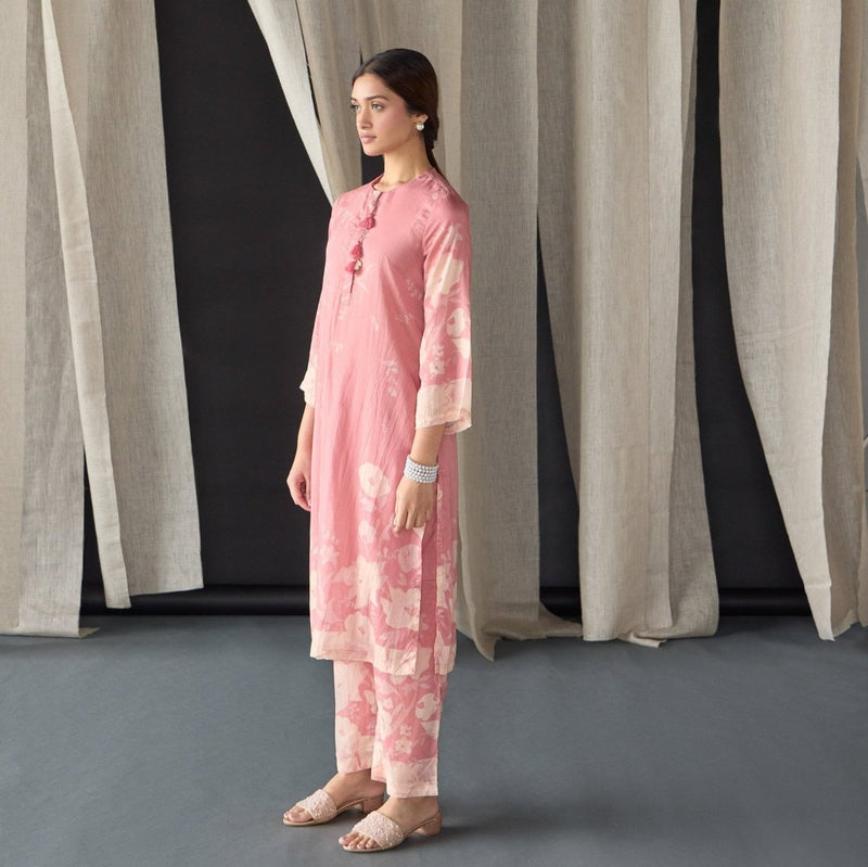 Pink Floral Tencel Kurta (Set of 2) | Verified Sustainable Womens Kurta on Brown Living™