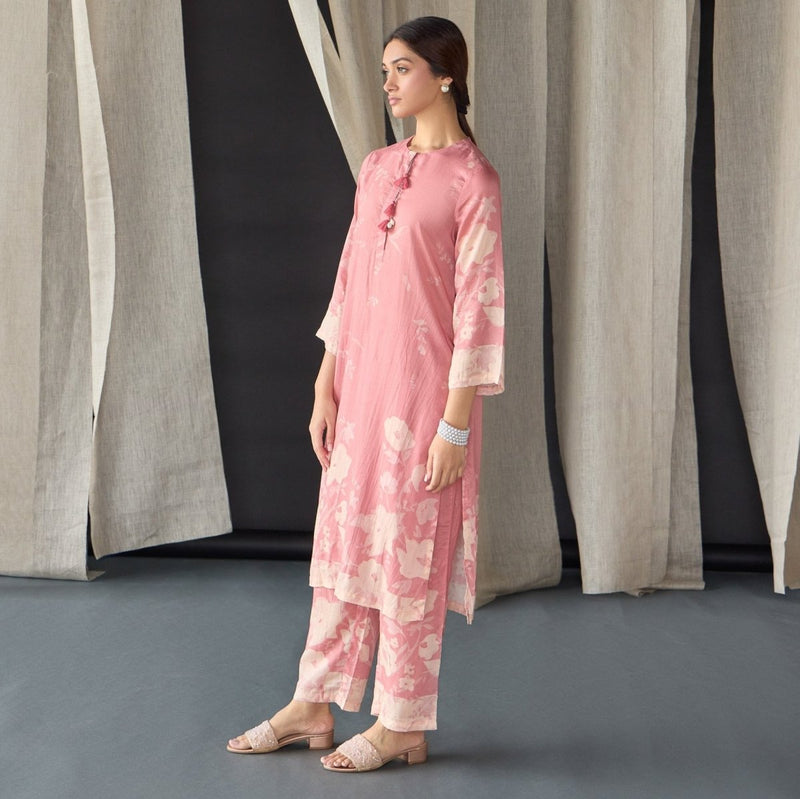 Pink Floral Tencel Kurta (Set of 2) | Verified Sustainable Womens Kurta on Brown Living™