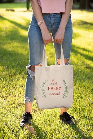 Premium Cotton Canvas Tote Bag - Live Every Moment White | Verified Sustainable Tote Bag on Brown Living™