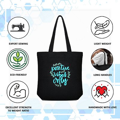 Premium Cotton Canvas Tote Bag - Positive Vibes Black | Verified Sustainable Tote Bag on Brown Living™